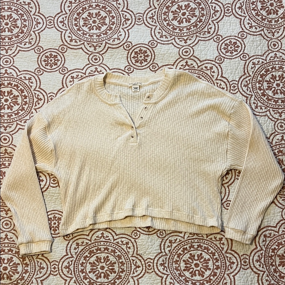 Billabong Cute Casual Loose Cream Crop Ribbed Women's Top, Lightweight Sweater M